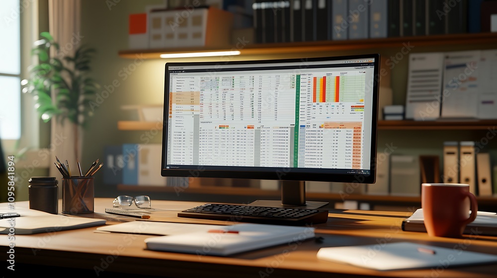 Poster a modern office desk with a computer displaying spreadsheets and organized workspace items.