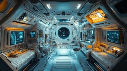 Obraz premium A futuristic spacecraft interior with illuminated panels and a large viewing window.