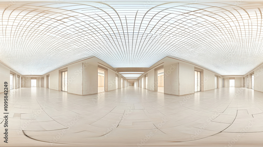 Poster 360 degree panorama view.a 3d picture shows an empty room. the ceiling has a grid pattern, and you c