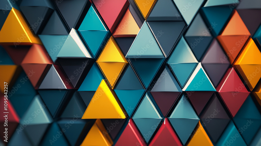 Poster a background image with colorful, 3d triangle shapes.