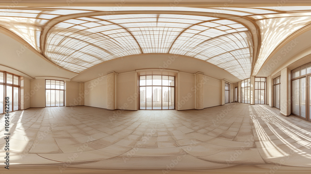 Poster 360 degree panorama view.a 3d picture shows an empty room. the ceiling has a grid pattern, and you c