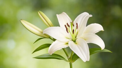 Obraz premium Delicate Lily Flower Close-Up: Intricate Petal Structure in Soft Hues Against Blurred Green Background.