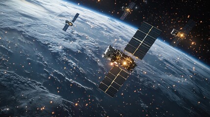 A satellite in orbit around Earth, surrounded by other satellites and space debris.