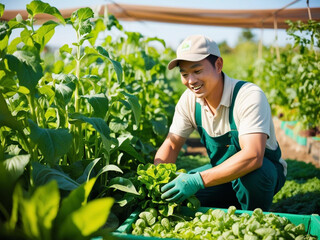 A farmer lovingly tending to organic crops in a vibrant, sustainable farm