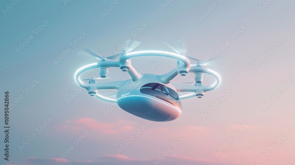 Poster drone hovering in a soft gradient sky futuristic aerial view minimalist design clean and sharp aesth