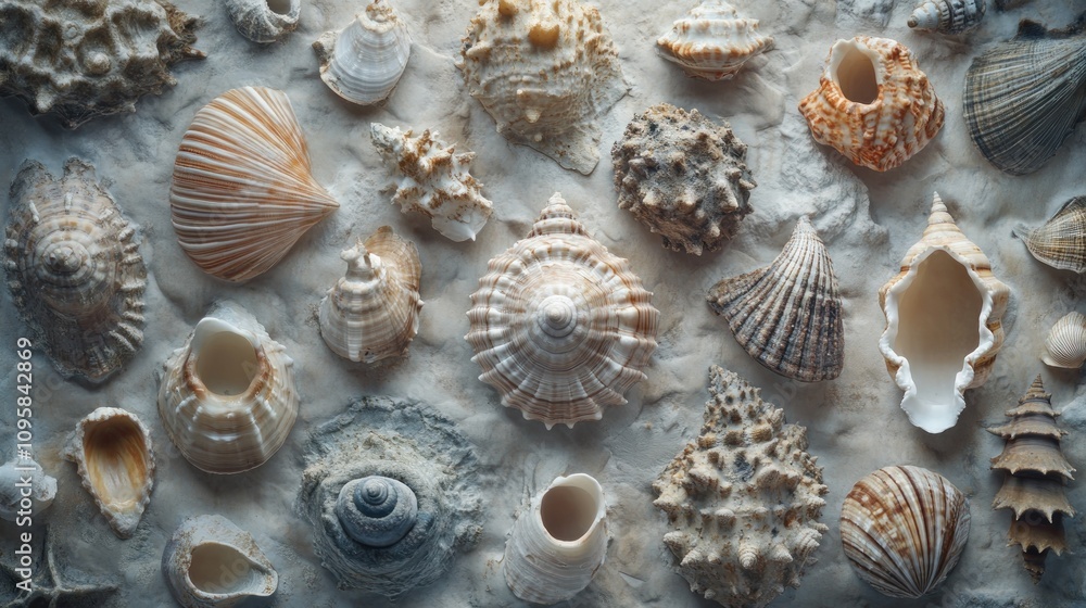 Aufkleber a collection of various seashells arranged on a surface, showcasing their unique shapes and textures
