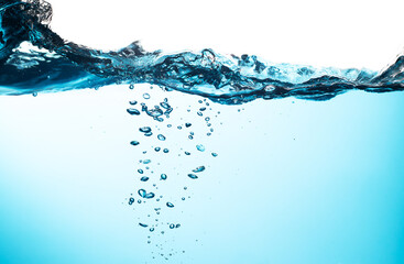 Water Splashing with Air Bubbles in Water. Ripple, Water Wave. Oxygen Relaxation. Blue Water Textured on White Background.	
