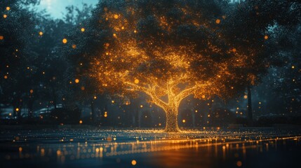 Obraz premium A glowing tree surrounded by luminous particles in a serene, twilight environment.