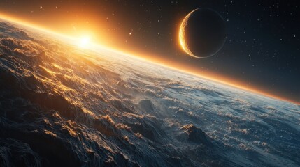 Obraz premium A stunning view of a planet's surface with a rising sun and a distant moon in space.
