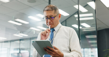 Tablet, thinking and mature business man reading, research or planning insurance policy online....