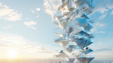 Innovative modular vertical wind energy towers transform urban landscapes architectural marvels geometric designs soft metallic aesthetic futuristic perspectives