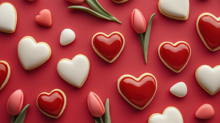 Fototapeta premium Delightful Heart-Shaped Cookies and Tulip-Shaped Candies Perfect for Valentine's Day Celebrations and Sweet Treats for Loved Ones