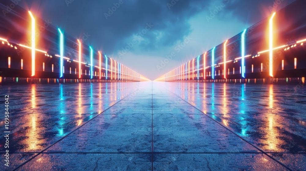Poster futuristic display of perfectly aligned glowing rods in vibrant colors urban setting digital art ref