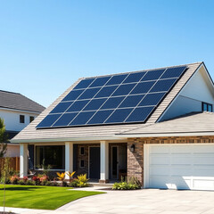 Fototapeta premium A modern suburban home with sleek solar panels, shot on a bright sunny day