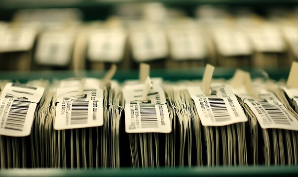 A collection of labeled files organized with barcodes for easy identification and retrieval.