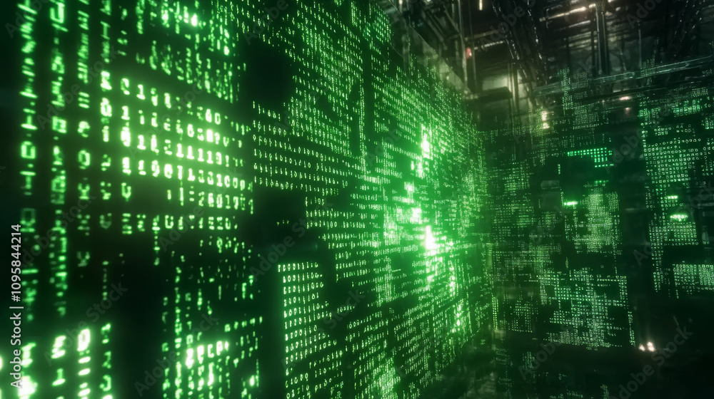Poster a close-up shows glowing green computer code on a clear screen. it's a modern, futuristic digital im