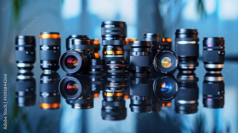 Poster symmetrical arrangement of camera lenses on glossy surface studio setting photography setup modern e