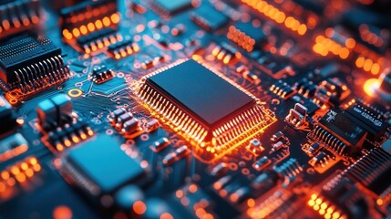Fototapeta premium Close-up of a microchip on a circuit board, showcasing intricate electronic components.