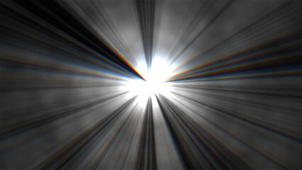 Volumetric sun light rays overlay at the center with aberration effect, horizontal composition.
