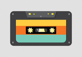Fototapeta premium Realistic Illustration of an Audio Cassette with Tape Spool and Labels. Unspooled Cassette Tape with Tangled Magnetic Ribbon. Classic Magnetic Tape Audio Cassette with Transparent.