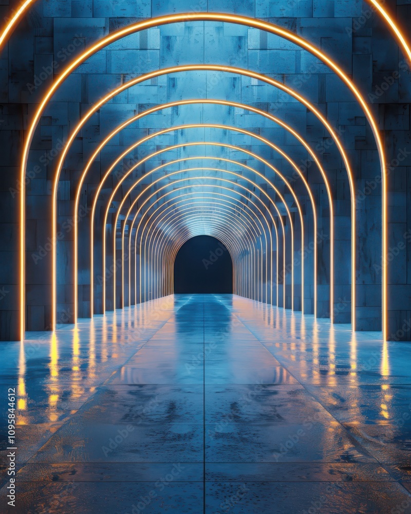 Poster illuminating journey through a perfectly symmetrical tunnel futuristic environment minimalist design