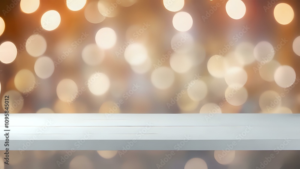 Poster white table positioned in front of a blurred bokeh light background, providing a chic and softly ill