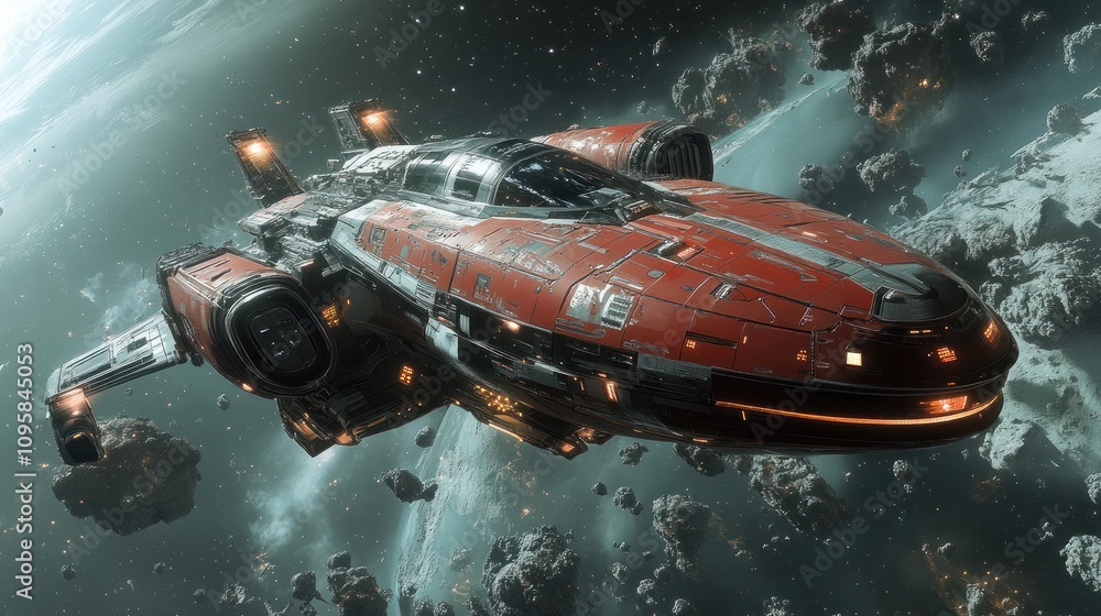 Poster a futuristic spaceship navigating through an asteroid field in space.