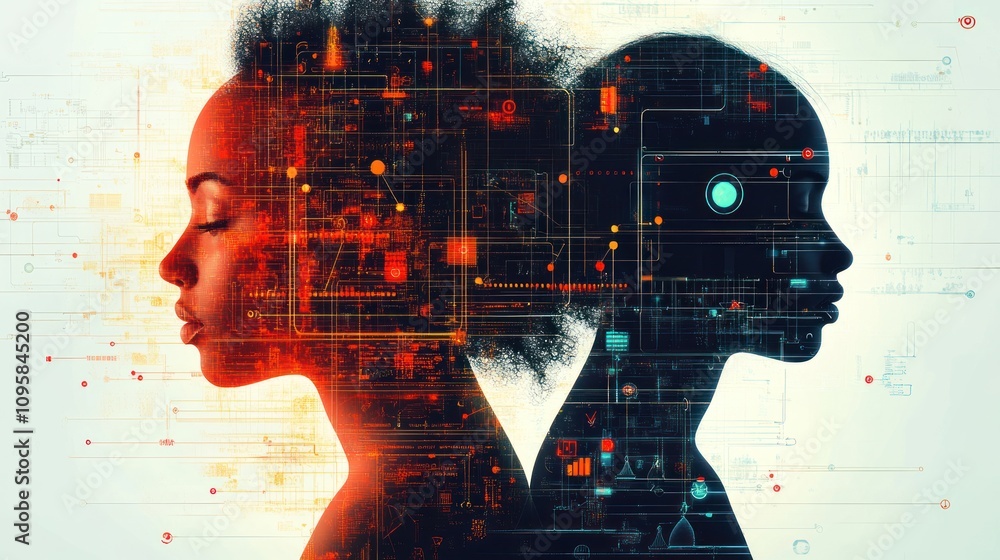 Poster two profiles merging human and digital elements, symbolizing the intersection of technology and iden