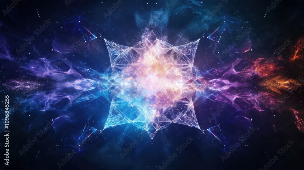 Poster visualizing quantum data encryption geometric security patterns in an electric purple and blue envir