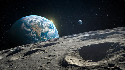 Earthrise over the moon's horizon with a detailed view of space and celestial bodies, evoking wonder