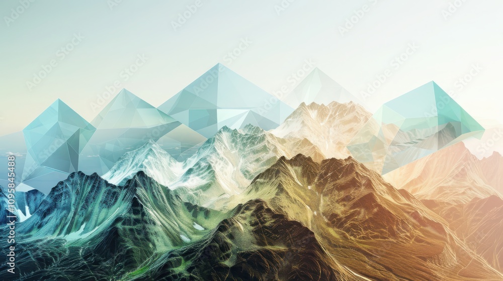 Poster exploring quantum landscapes overlapping terrain dimensions in geometric reality with soft blending 