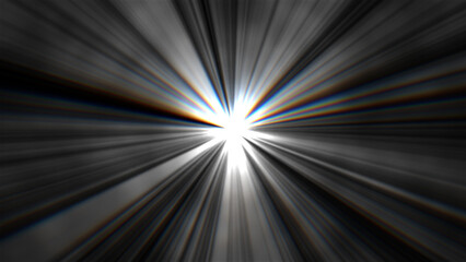 Volumetric sun light rays overlay at the center with aberration effect, horizontal composition.