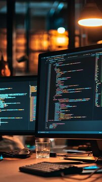 Coding session in a modern workspace with dual monitors displaying programming languages and data analysis