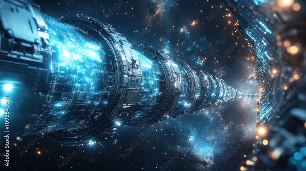 Poster a futuristic space tunnel with glowing elements and a starry backdrop.