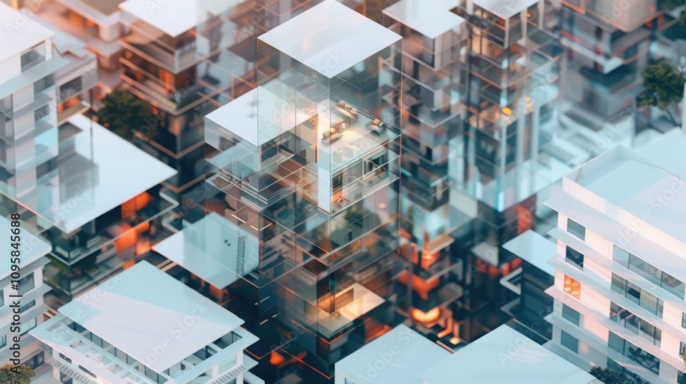 Poster exploring quantum urban design overlapping dimensional structures digital layers and soft electric b