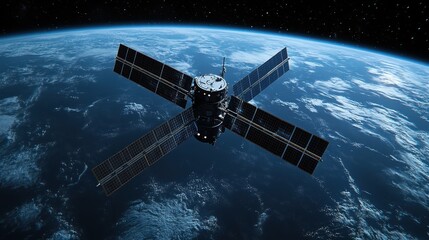 Fototapeta premium A satellite orbiting Earth, equipped with solar panels for energy and communication purposes.