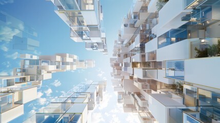 Exploring quantum urban design innovative building structures digital layers and soft electric blue colors in futuristic architecture