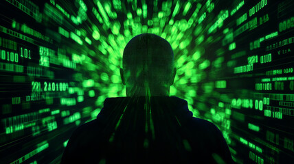Digital privacy concept with figure surrounded by green binary code