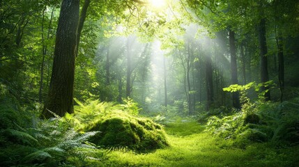 Enchanting Forest Paradise: Serene Mossy Ferns in Soft Sunlight | Ultra-Detailed Botanical Wonders Concept