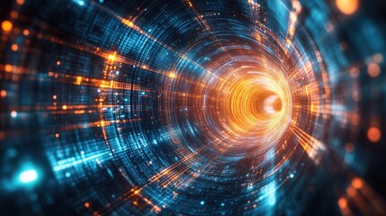 Obraz premium A vibrant digital tunnel with glowing particles and lines, suggesting motion and energy.