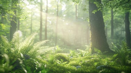 Enchanted Forest: Lush Ferns and Moss in Soft Sunlight - Ultra-Detailed Botanical Wonders in Green Harmony