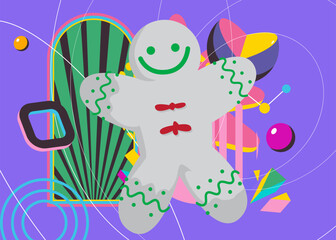 Gingerbread Man Christmas Cookie geometrical graphic retro theme background. Minimal geometric elements. Vintage abstract shapes vector illustration.