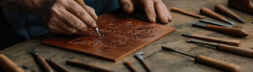 handmade leather concept. A leather artisan carving traditional floral designs onto a handcrafted journal cover, with fine tools in use