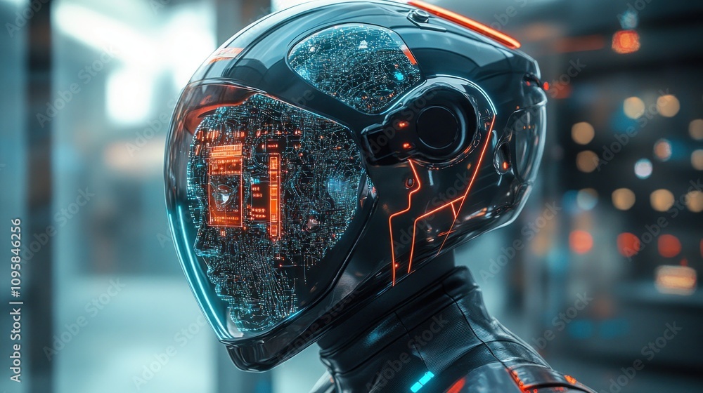 Poster a futuristic robotic helmet showcasing intricate circuitry and glowing elements.