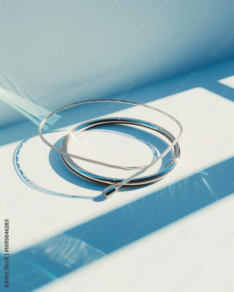 Aufkleber single metallic charging cable casting sharp geometric shadows on clean white surface for modern tec