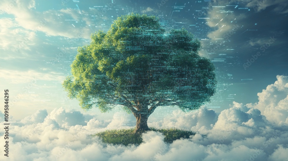 Aufkleber a digital tree emerges from clouds, symbolizing growth and technology integration.