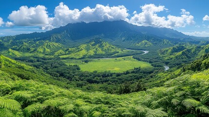 Fototapeta premium Panoramic View of Lush Valley and Majestic Mountains in Kauai, Hawaii
