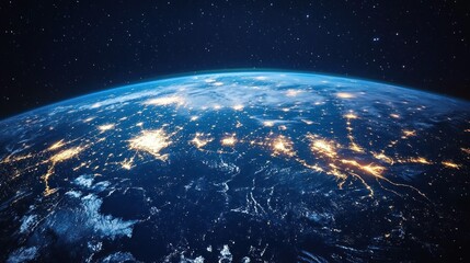 Obraz premium A view of Earth from space, showcasing illuminated cities and natural landscapes.