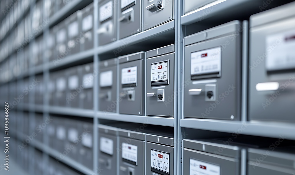 Poster a row of metallic filing cabinets organized for storage and retrieval of documents.
