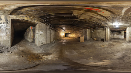 360 degree panorama view.A 3D image shows a dark, empty basement.  It's a high-resolution, virtual reality scene offering a complete, panoramic view.